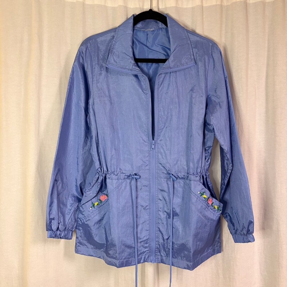 Vintage 80s Blue Floral Embroidered Windbreaker Jacket Zip Front